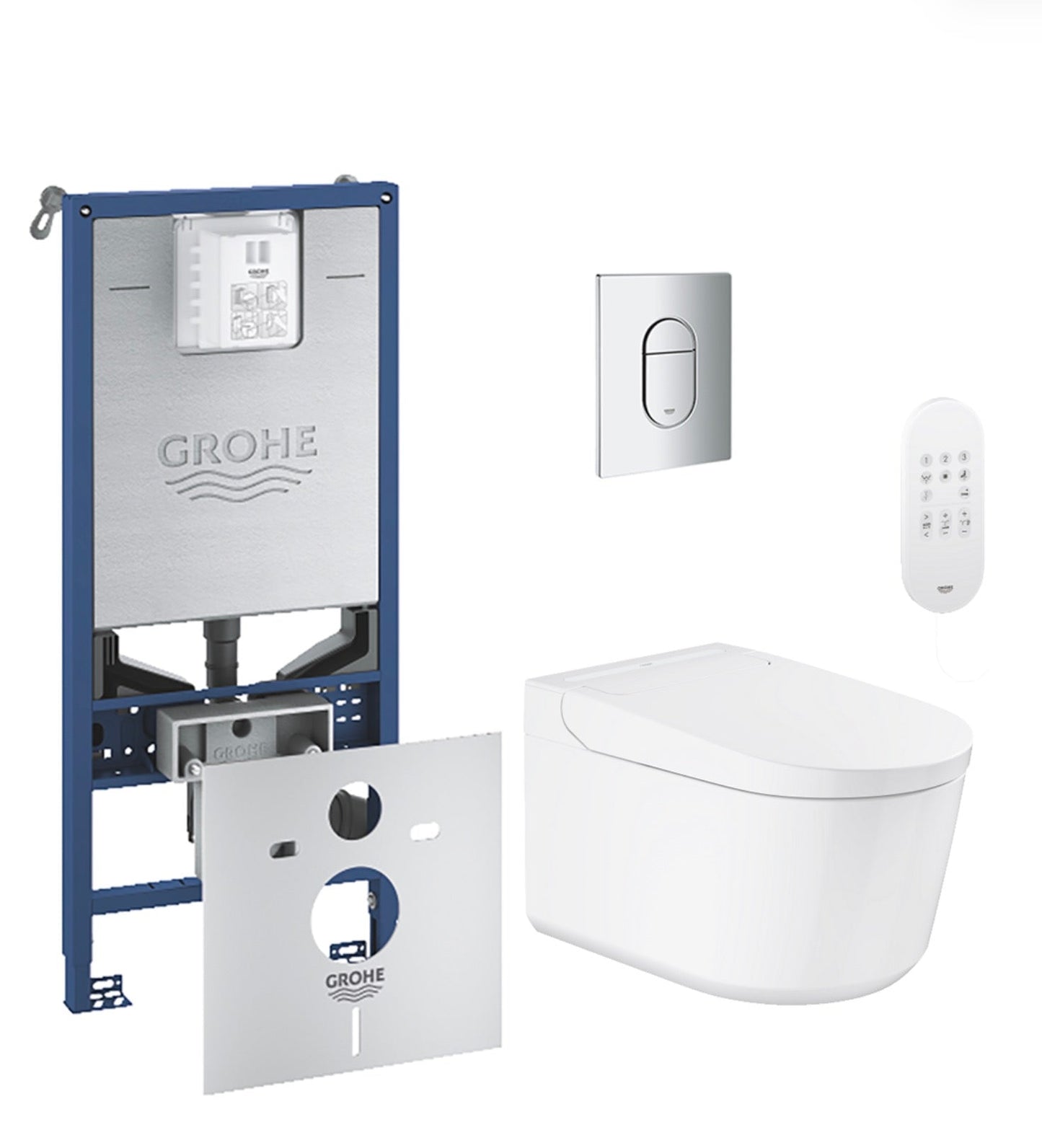Grohe Rapid SLX 1.13m Frame & Sensia Wall Hung Shower Toilet with Chrome Arena Cosmopolitan Flush Plate