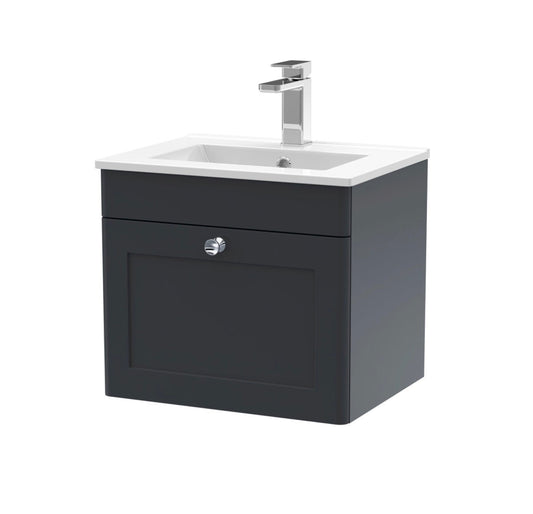 nuie Classique 500mm Soft Black 1 Drawer Wall Hung Vanity Unit With Minimalist Basin CLC1491C