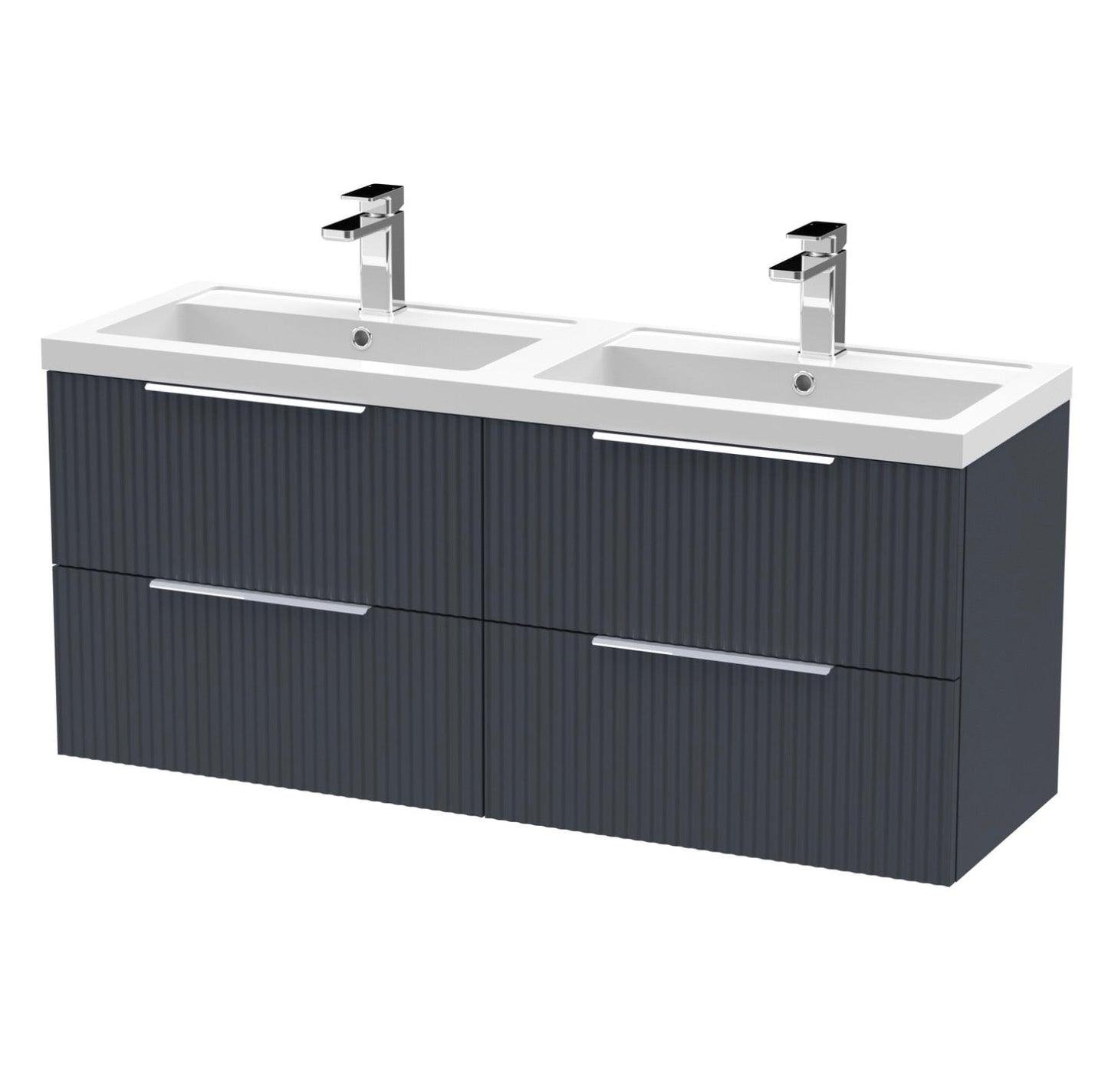 Hudson Reed Fluted 1200mm Soft black 4 Drawer Wall Hung Vanity Unit With 2 Tap Hole Polymarble basin DFF1493C
