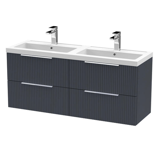 Hudson Reed Fluted 1200mm Soft black 4 Drawer Wall Hung Vanity Unit With 2 Tap Hole Polymarble basin DFF1493C