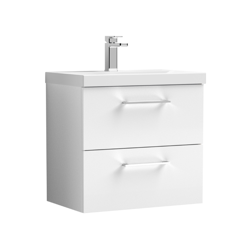 Nuie 600mm Gloss White Wall Hung 2-Drawer Vanity Basin | Woodford Bathrooms