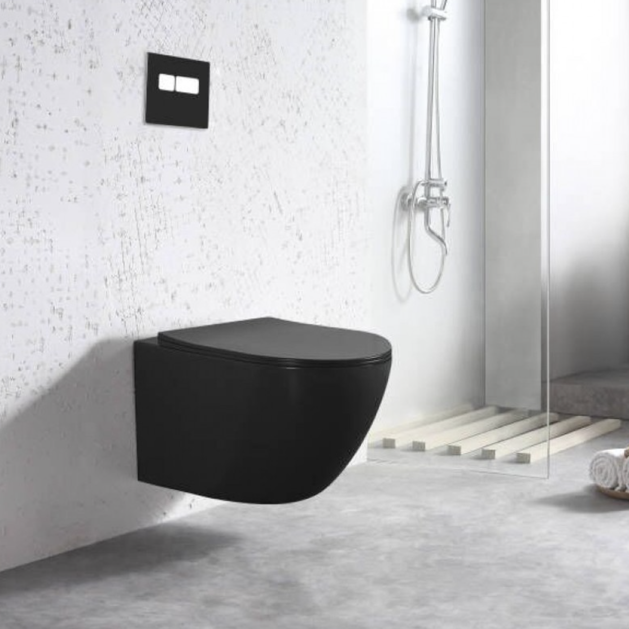 Onyx D-Shape Rimless Wall Hung Pan & Seat - ,Matt Black | Woodford Bathrooms